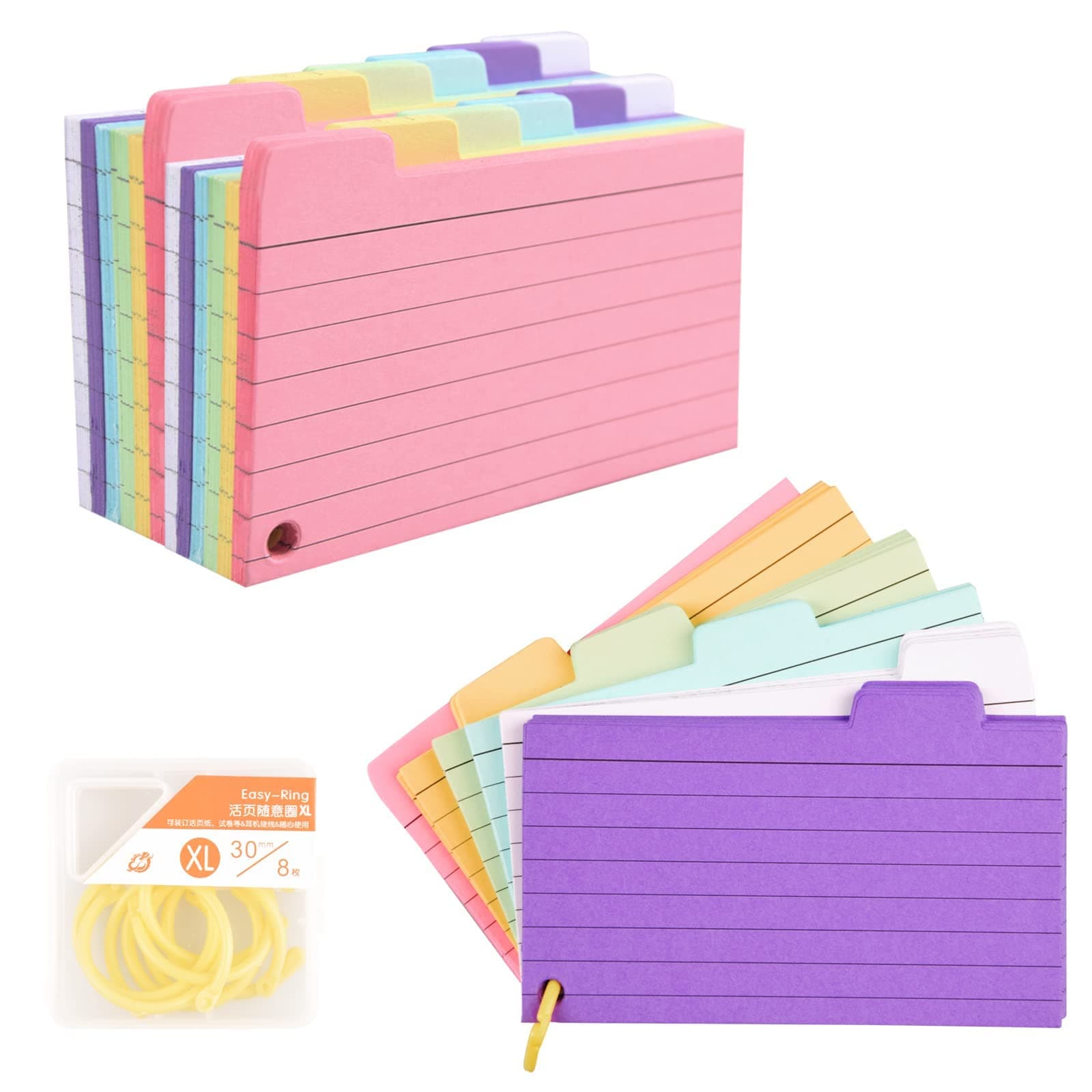 MAKINGTEC Tabbed Index Cards, 300PCS Colourful Flash Cards with 8 Binder Rings, Ruled Revision Cards Spiral Flashcards,Lined with HeadlineRecord Cards for Learning Note Taking to Do List