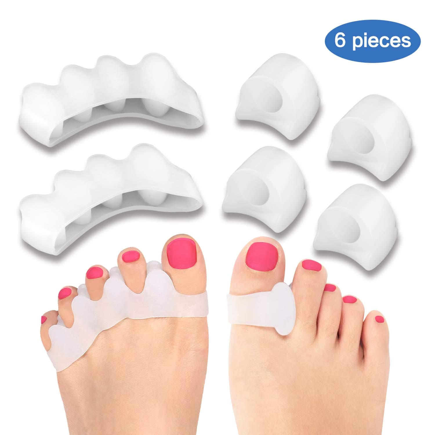 Toe Separators, 6 Pieces Toe Spacers Toe Straightener Bunion Corrector for Bunion Pain Relief, Hallux Valgus, Crooked Toes, Overlapping Toe Hammer Toes Bunions, Gel Bunion Toe Separators Kits (White)