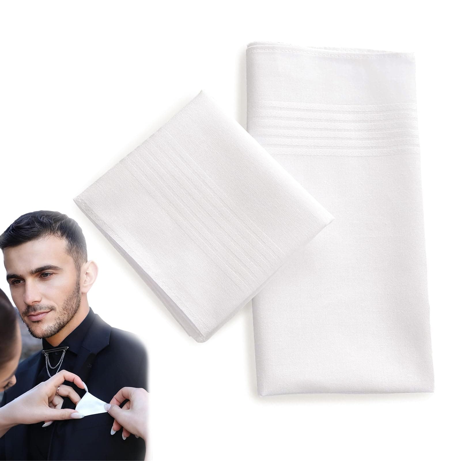 White Pocket Squares - 2 Pack Elegant Mens Handkerchiefs, Premium Cotton White Handkerchief for Men, Durable and Soft Pocket Hanks for Daily Use, Ideal for Gifting
