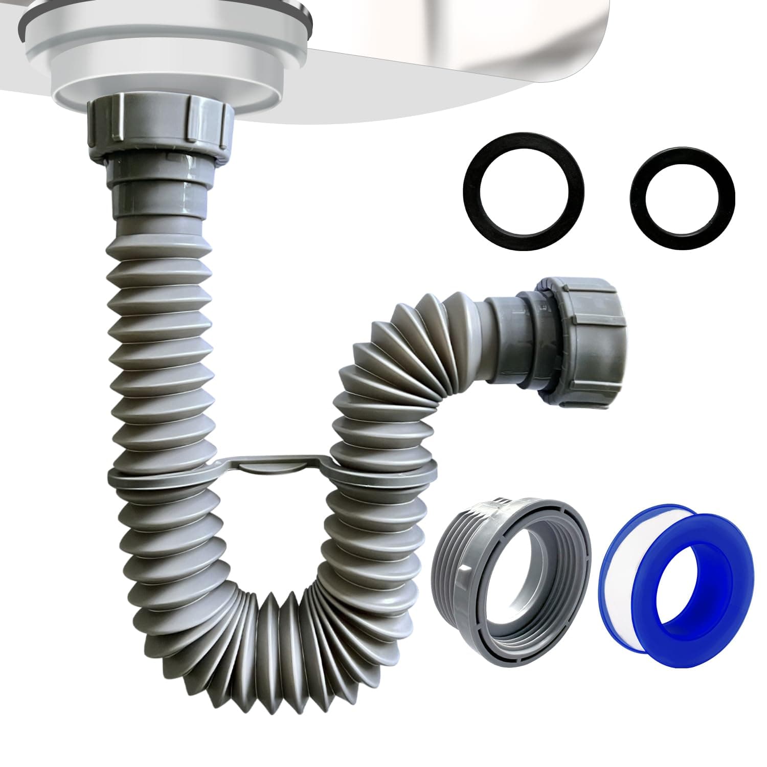 VIVIDA Sink Drain Pipe 1-1/2", Flexible Drain Pipe, 7.5"-17.7" Expandable Flexible P Trap for Bathroom and Kitchen, Under Sink Plumbing, 1-1/4" Adapter Included, Gray, 1 PACK