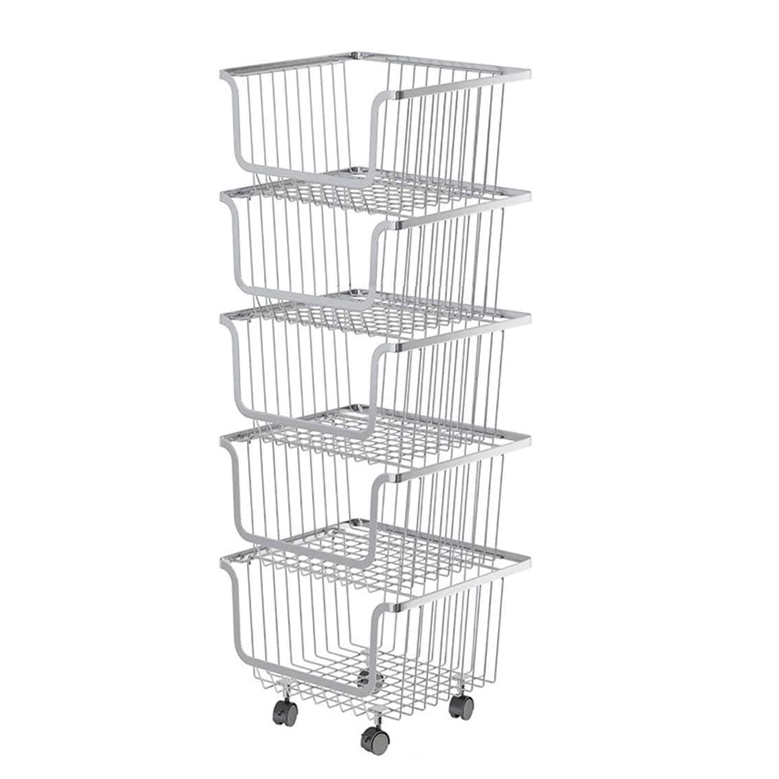 5-Tier Stainless Steel Kitchen Rack Metal Utility Shelves, Stackable Vegetable Fruit Baskets Organizer Racks, Floor Multi-layer Rolling Cart Storage Racks (Silver)