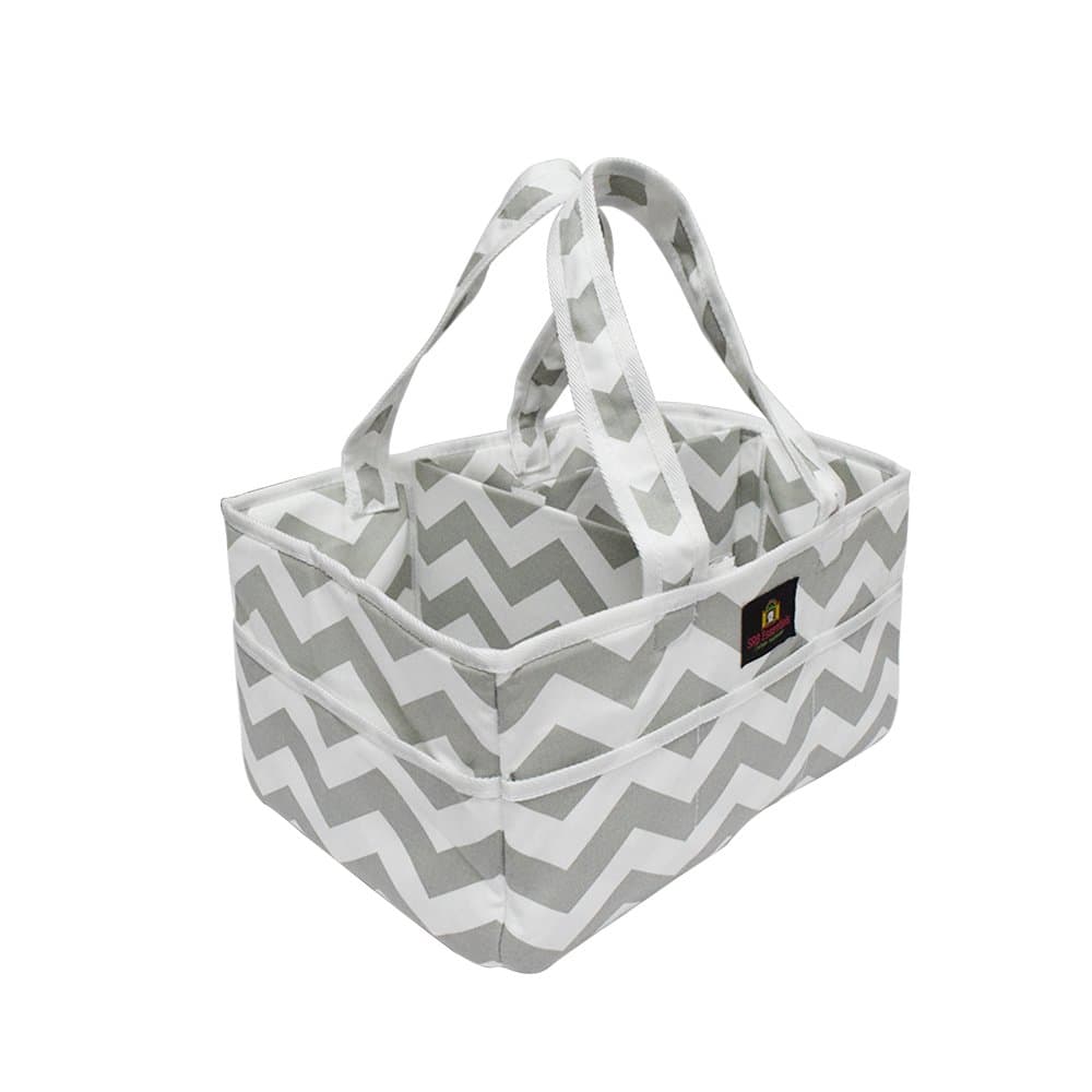 Baby Diaper Caddy Organizer and Nursery Tote with Solid Bottom and Dividers. Extra Strength Velcro Fasteners. Great Diaper Bag for a Baby Shower Gift. (grey)