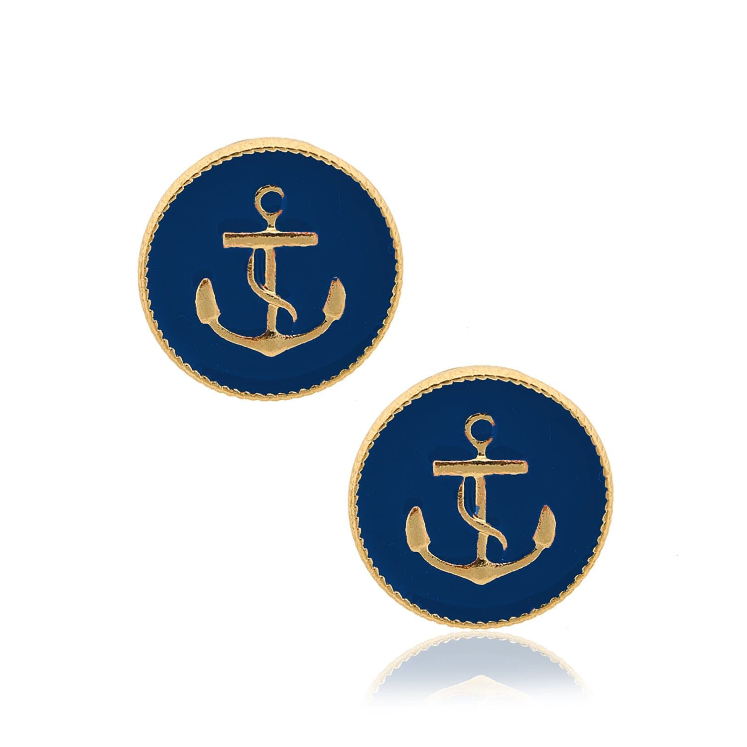 Spinningdaisy Gold Plated Small Anchor Button Stud Earrings (Navy Blue)