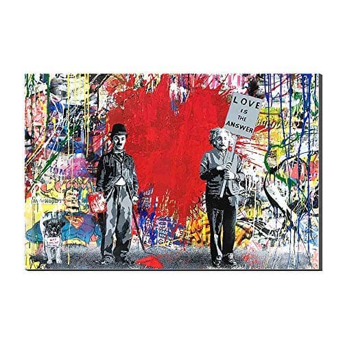 WALKKING WAYS Love is The Answer Print on Canvas Einstein Chaplin and Woman Painting Wall Art Pictures Figure World for Home Modern Decor Large Abstract Artwork (Size 6: 36X55inch(90X140cm))