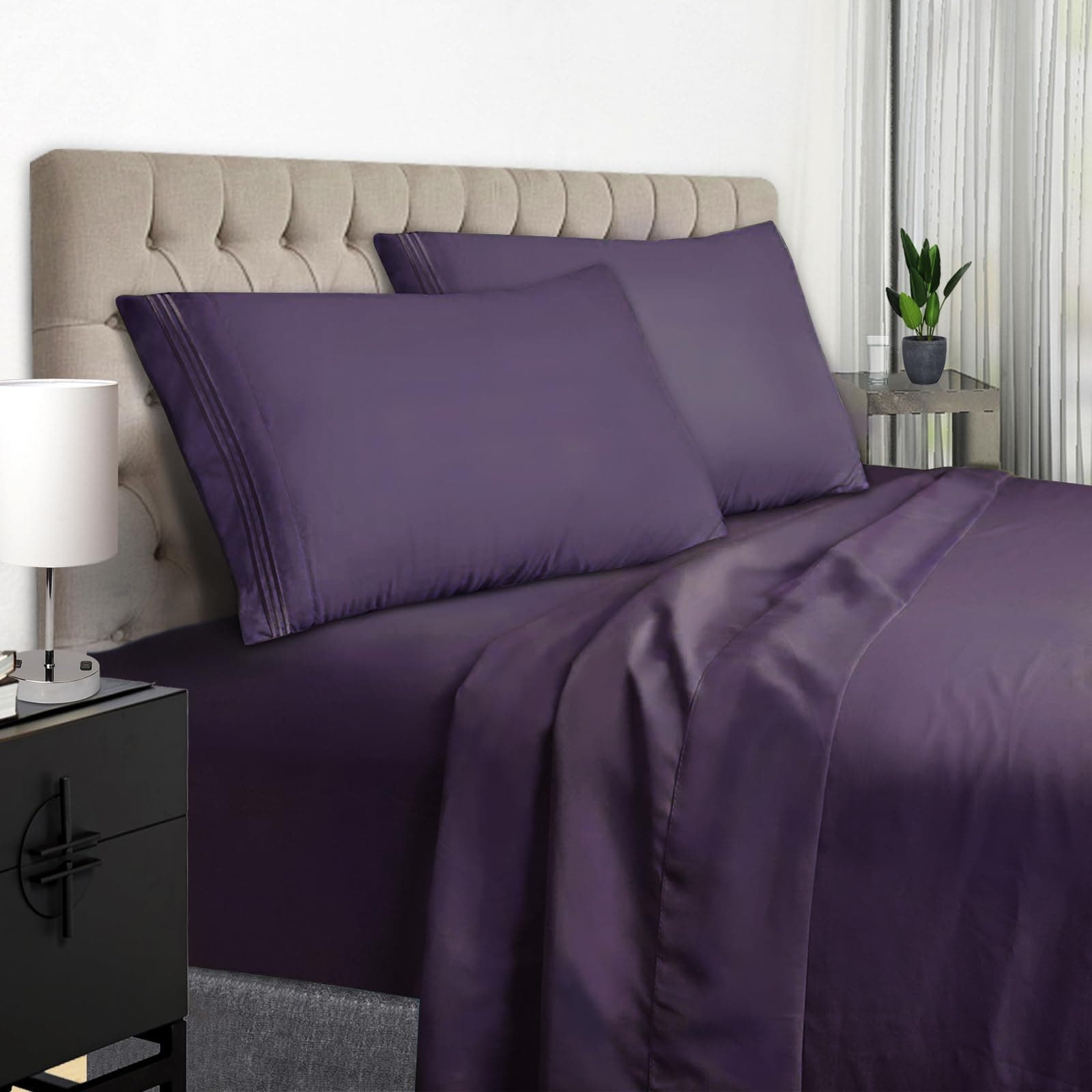 EaseHome Dark Purple Sheets for Queen Size Bed Set - Deep Pocket Queen Sheet Sets to 21 inches Mattress 4 Piece - Premium Bedding Sheets & Pillowcases Collection - Extra Soft