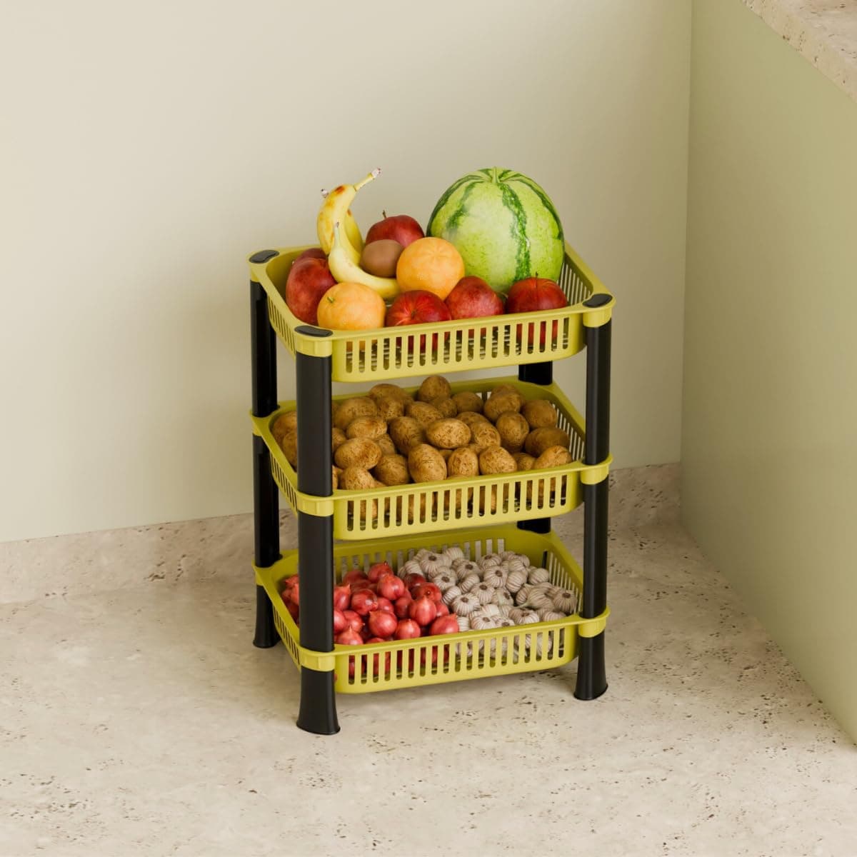 3-Layer Multipurpose Plastic Kitchen Storage Rack | Vegetable Basket Organizer | Stackable Storage Stand for Home, Pantry, Bathroom, Office – Durable Space-Saving Shelf (Yellow)