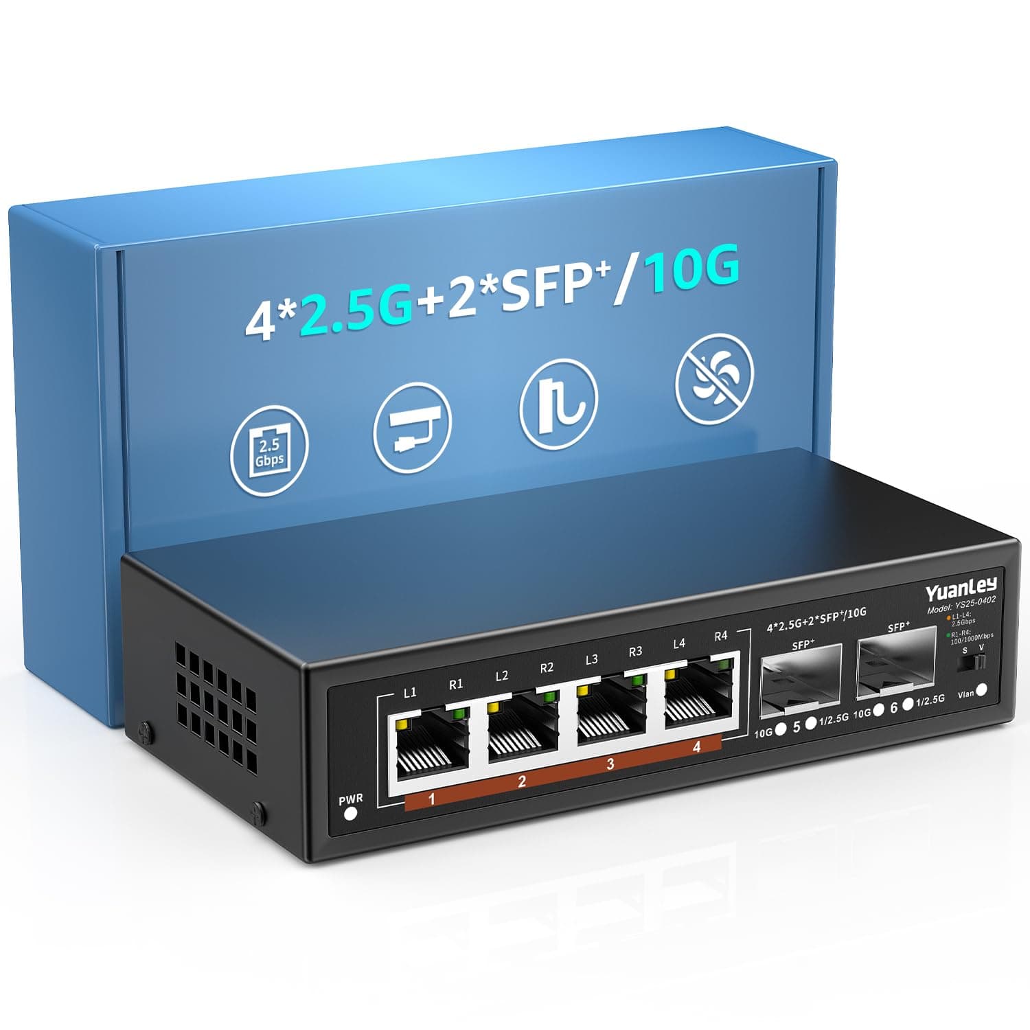 6 Port 2.5G Unmanaged Ethernet Switch, 4 x 2.5G Base-T Ports, 2 x 10G SFP, Compatible with 100/1000/2500Mbps, VLAN, Fanless, Desktop/Wall Mount YuanLey 2.5Gbe Network Switch for Wireless AP, NAS, PC