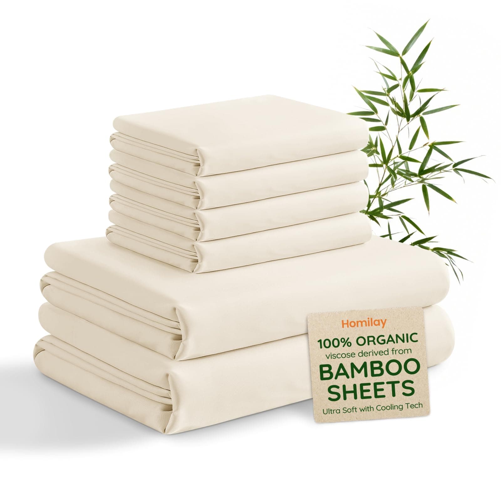 Queen 6 Pieces 100% Viscose Derived from Bamboo Sheet Set, Silky Smooth Soft Bedding with Deep Pocket UP to 16, Organic & Oeko-TEX Certified Cooling Bed Sheets, Beige