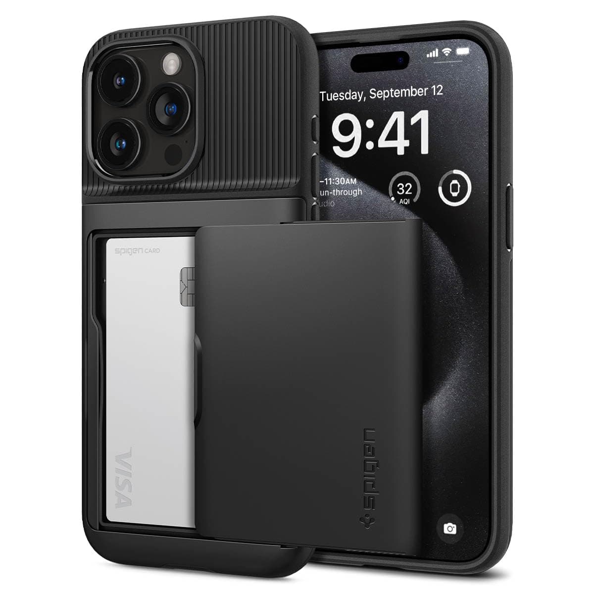Slim Armor CS Back Cover Case for iPhone 15 Pro, Built-in Card Slot, Dual-Layer Protection - PC+TPU | Black