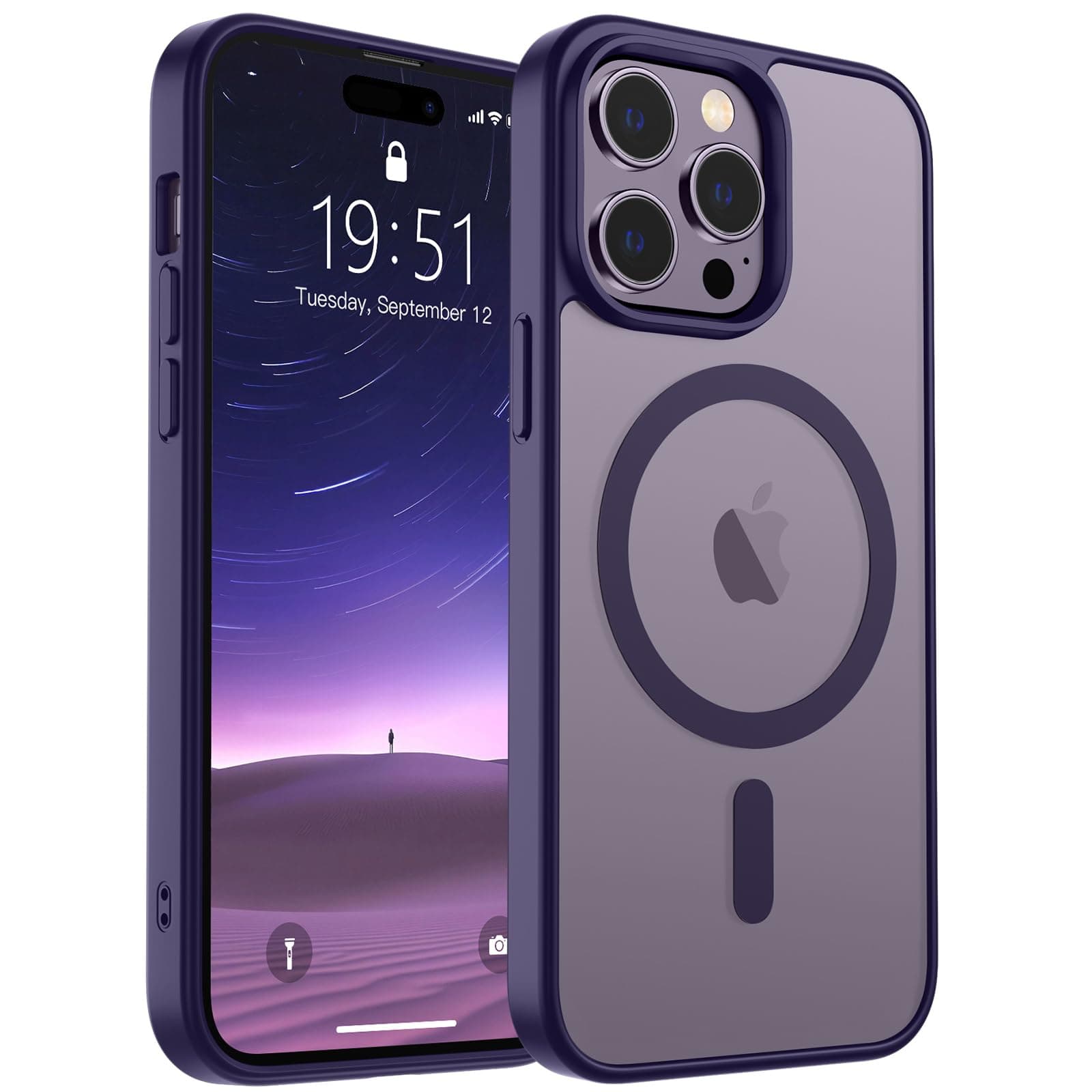 SUPFINE Magnetic for iPhone 14 Pro Case [Compatible with MagSafe] [2Pcs Tempered Glass Screen Protector] Slim Translucent Matte Shockproof with Anti-Fingerprint Phone Case,Purple
