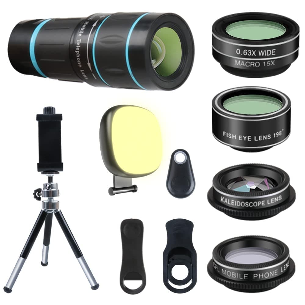 Phone Camera Lens, 6 lenses+ LED Light+ Remote Shutter+ Tripod, 18X Telephoto Zoom/Wide angle/Macro/Fisheye/CPL/Kaleidoscope camera lens kit for iPhone Xs X XR 8 7 6 Plus Samsung and Android