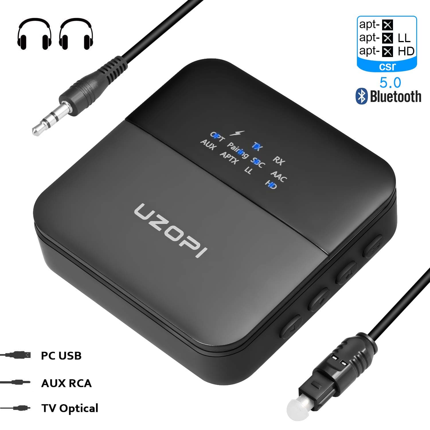 U UZOPI Bluetooth 5.0 Transmitter Receiver, 2-in-1 Wireless Audio Adapter aptX Low Latency HD for TV Car Music Streaming Stereo Sound System (Optical/TOSLINK 3.5mm AUX RCA)