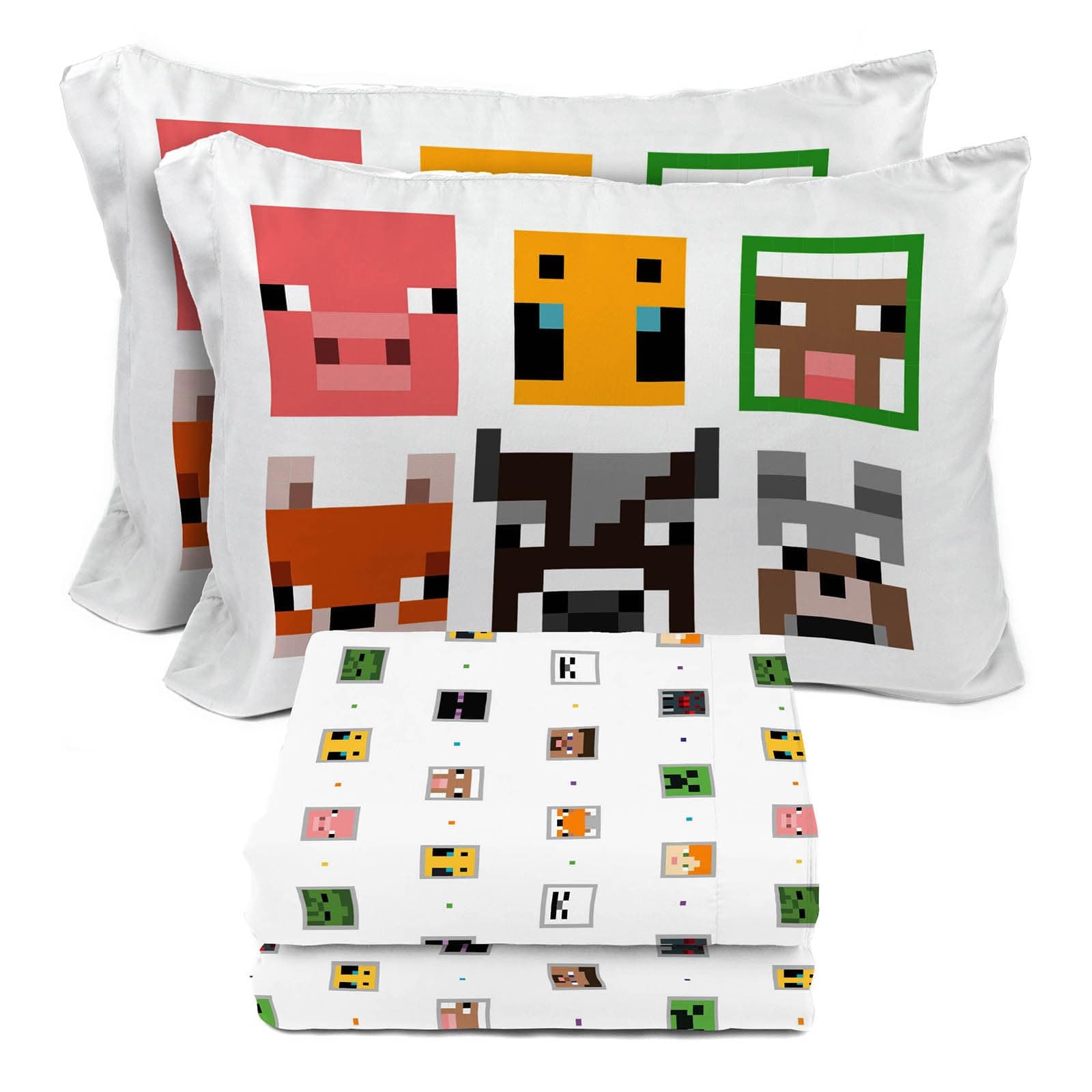 Sunny Side Up Minecraft Creeper & Animals Full Sheet Set - 4 Piece Kids Bedding Set Includes Pillow Cover - Super Soft Microfiber Sheets