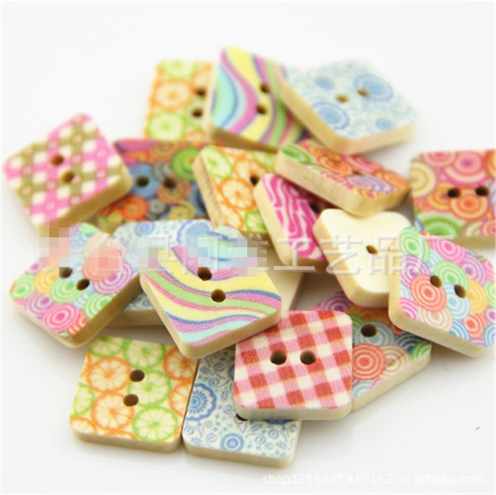Blanche Lynn Square Shape Colorful Patterns Buttons Bakelite Buttons 2 Hole Bakelite Buttons DIY Elements Mixed Buttons for Sewing and Crafting（ Pack of 50 Pcs), Organza Bag As a Gift
