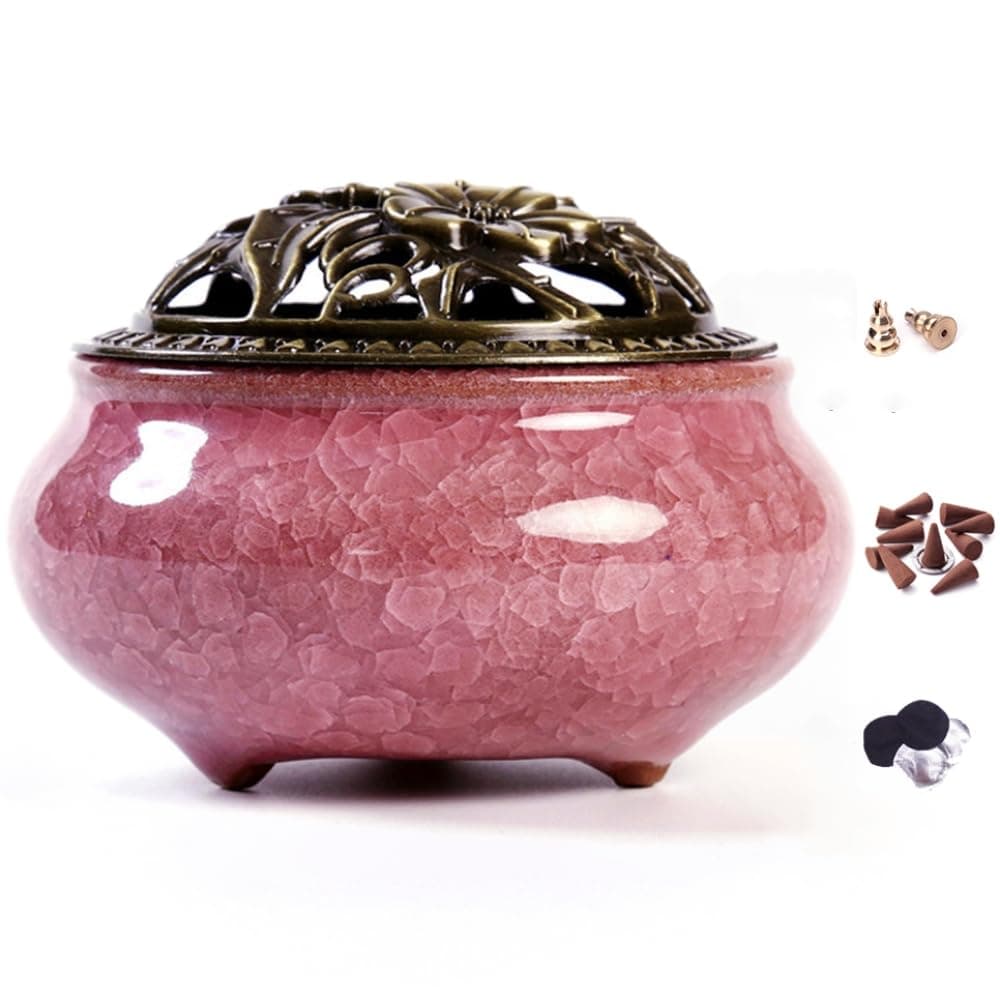 Ceramic Incense Burner with Incense Stick Holder + Insulation use for Stick or Coil Incense, Sage Cones and Frankincense (Violet)