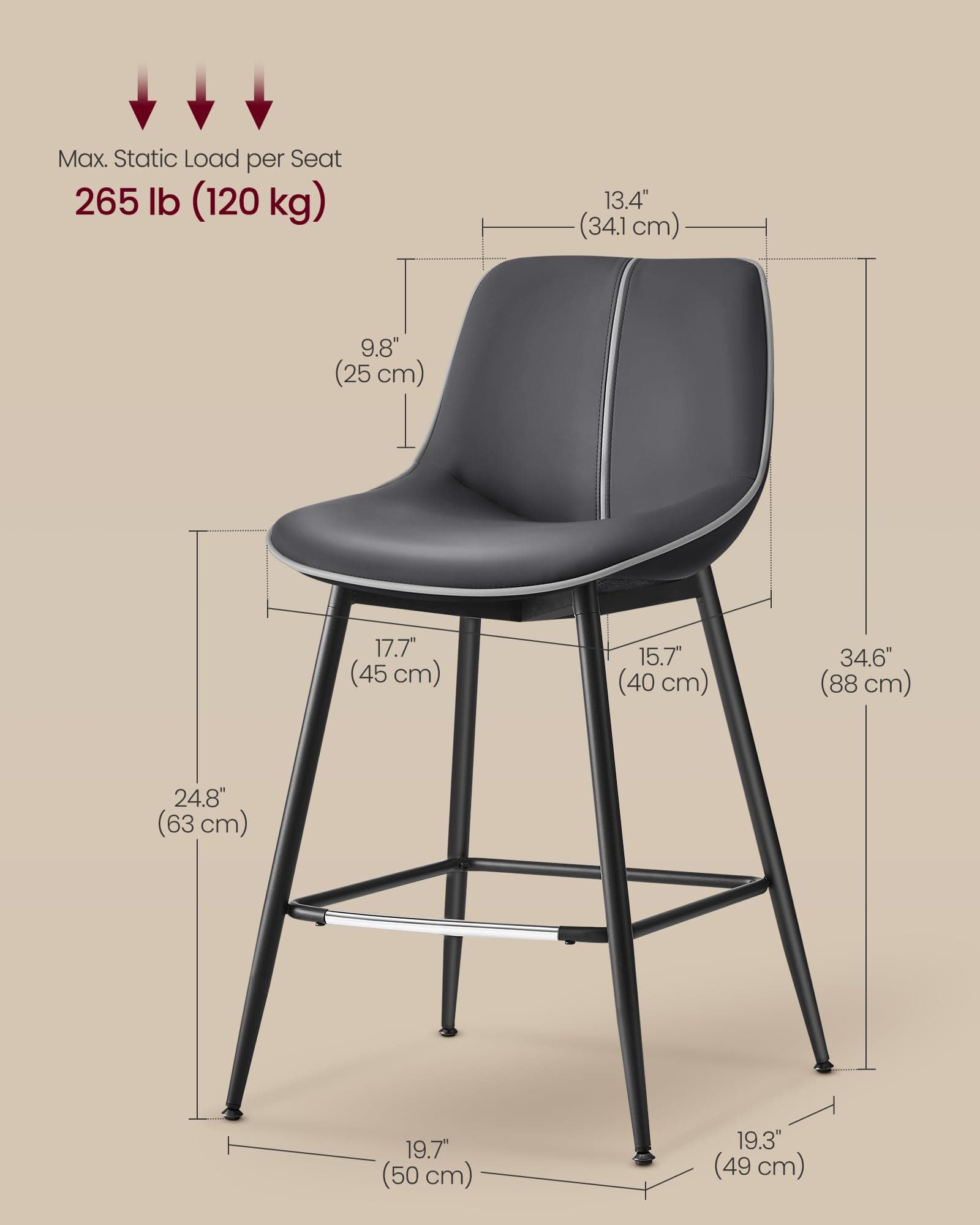 VASAGLE Bar Stools Set of 2, Counter Height Bar Stools with Back, Ergonomic Backrest, Synthetic Leather, Metal Legs, 24.4-Inch Tall Barstools for Kitchen Island Home Bar, Easy Assembly, Ink Black