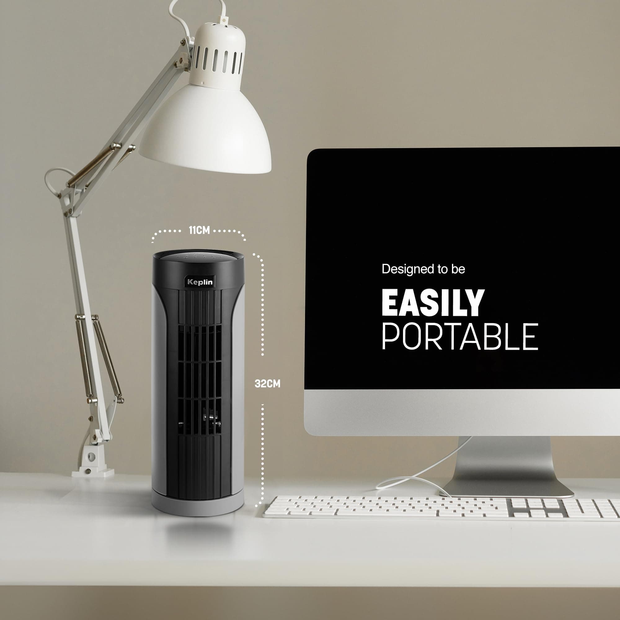 KEPLIN Cooling 13-inch Tower Fan with Remote & Touch Panel | 3 Speed & 3 Mode Setting | Portable & Durable, Oscillating Static Standing Desk Fan for Office, Bedroom, Living Room, Kitchen (White)