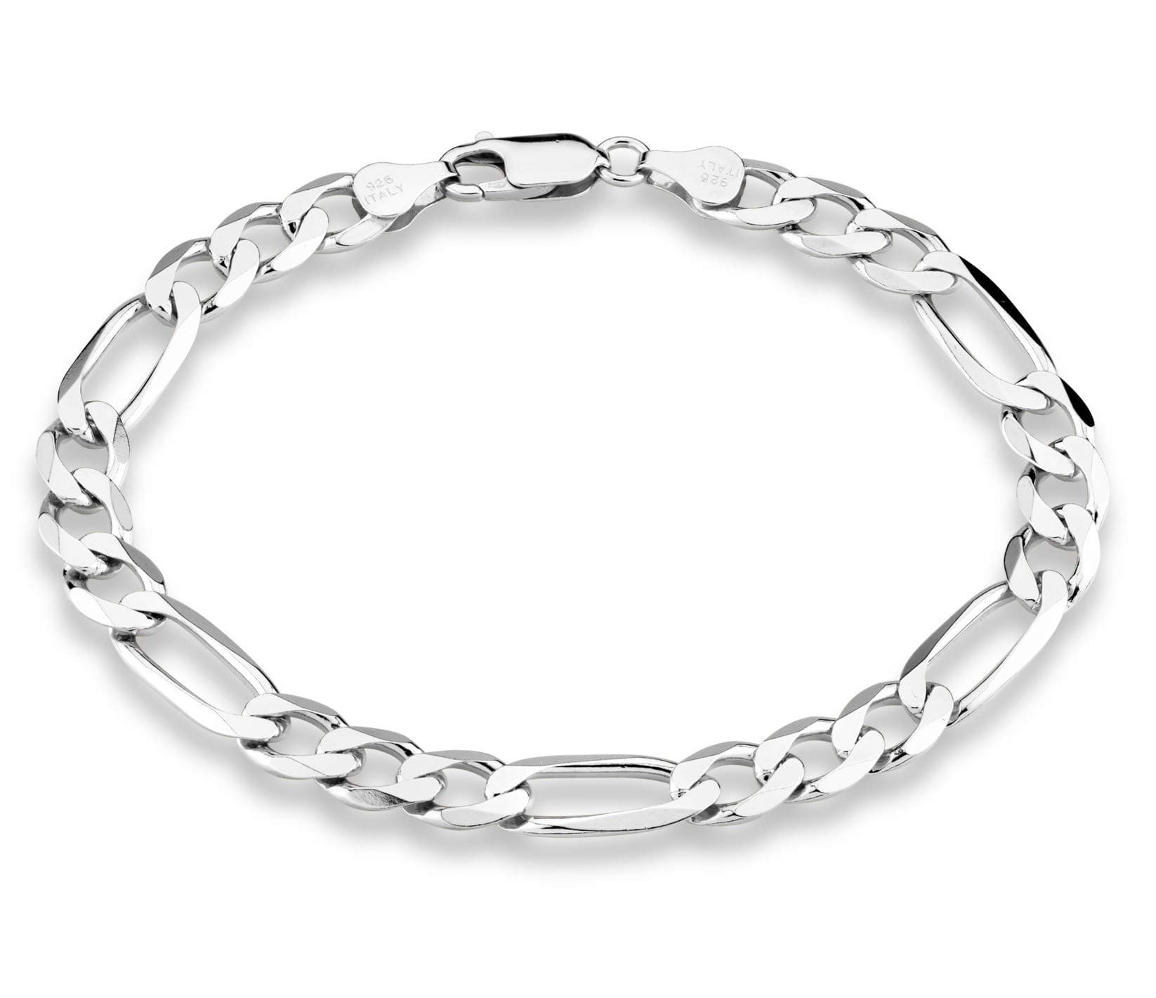 Miabella 925 Sterling Silver Italian 7mm Solid Diamond-Cut Figaro Link Chain Bracelet for Men 7" 7.5" 8" 8.5" 9"