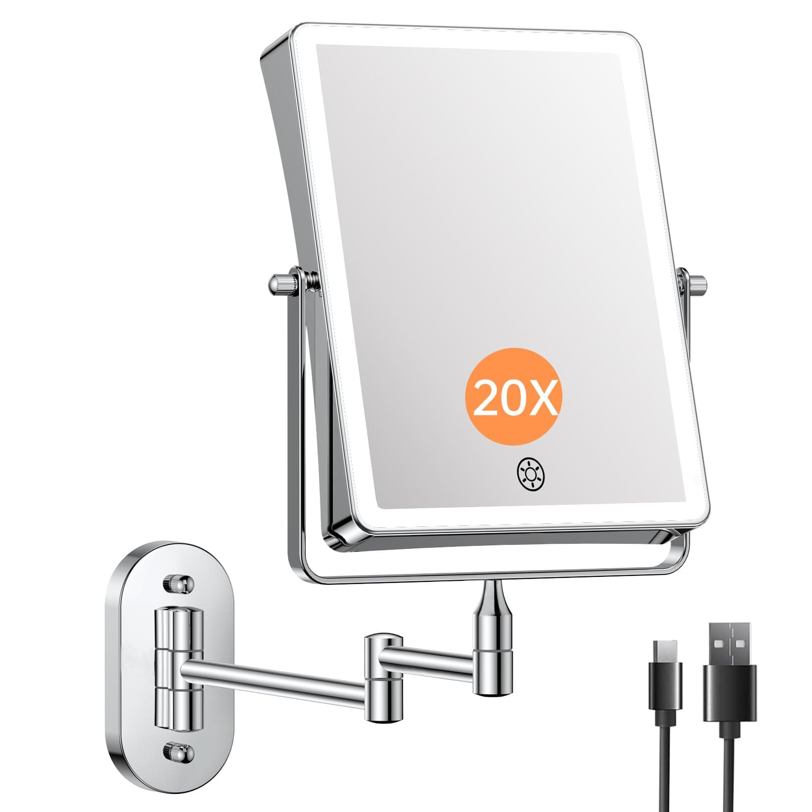 FASCINATE 5000mAh Rechargeable Wall Mounted Makeup Mirror, 8.7" Double Sided Touch Switch 1X 20X Rectangle Wall Mounted Magnifying Mirror with Light, 3 Color Setting, Extended Arm 360° Foldable Chrome