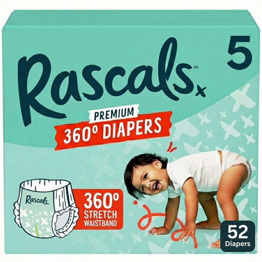 Rascal + Friends Premium 360 Absorbent Pull-On Diapers, Size 5, 52 Count, (Pack of 1)