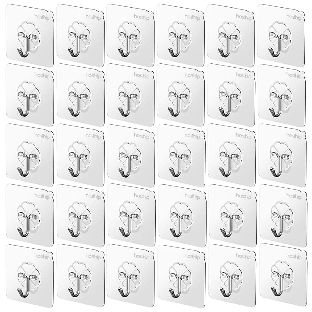 HASTHIP® 30 Pack Wall Hooks Strong Acrylic Backing Glue Walls Hook Self-Adhesive Wall Hooks for Bathroom, Kitchen Waterproof Ultra Adhesive Walls Hook (Clear)