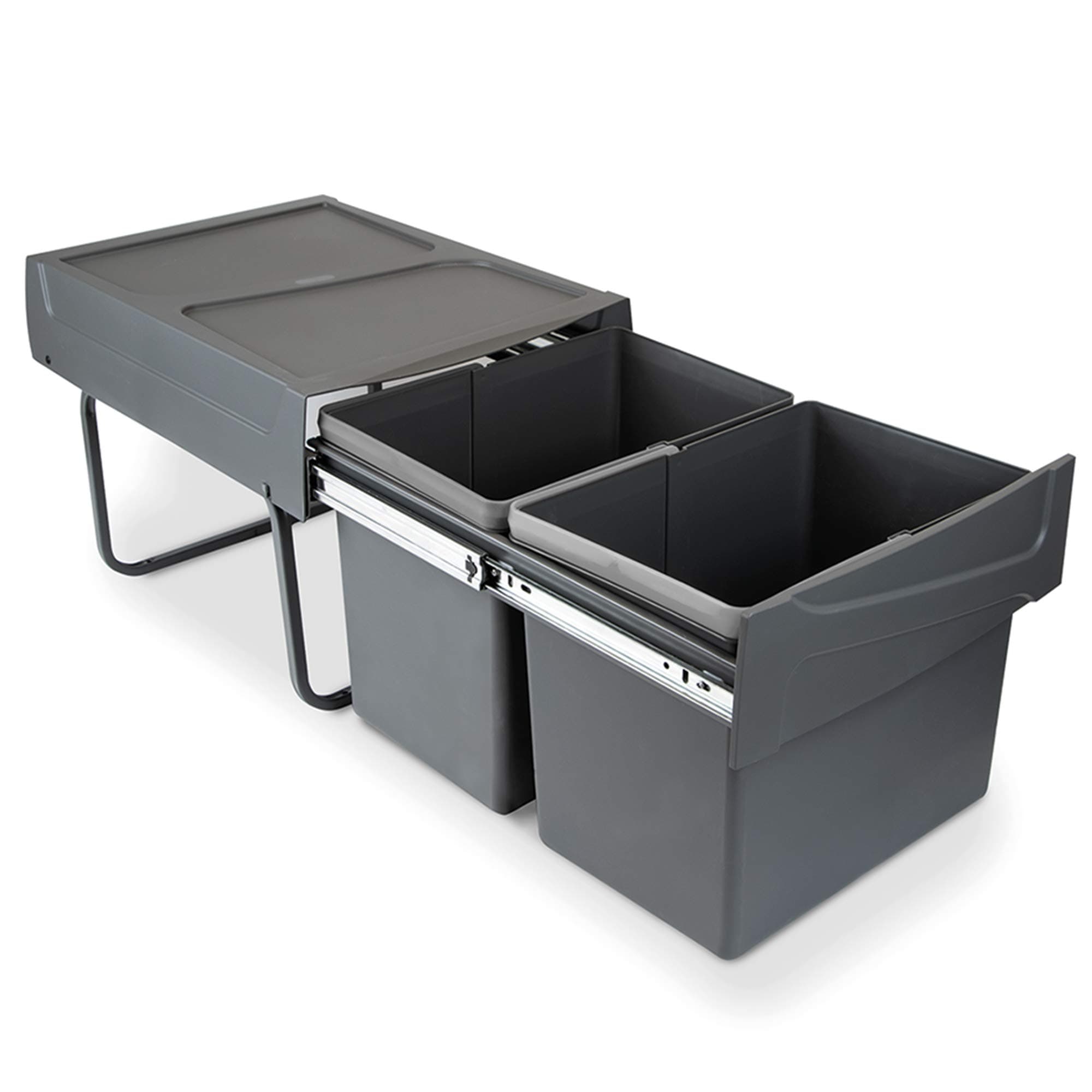 Emuca - Waste containers with lower fixing for kitchen, 2 removable 15L recycling bins, total capacity 30 L (2 x 15 L), steel and plastic, anthracite grey.