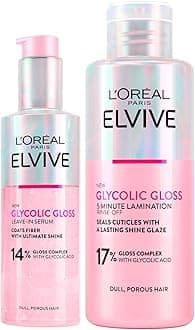 L'Oréal Paris Elvive Glycolic Gloss Glycolic Acid Hair Set with Leave-In Serum for Porous and Dull Hair Intense and Long-Lasting Shine 150ml + 5-Minute Lamination Treatment 200ml - 2 Bottles