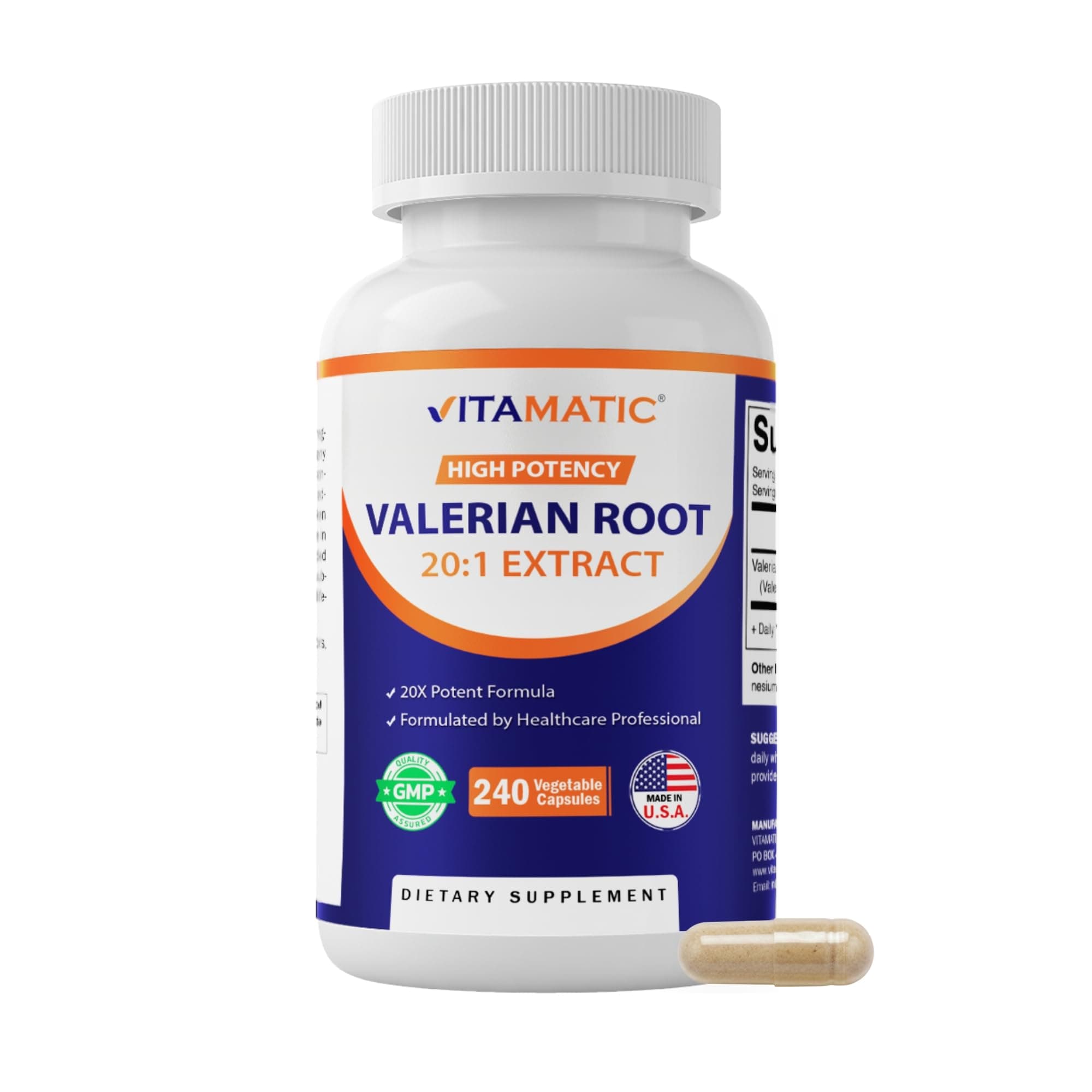 - Vitamatic Valerian Root Extract 20:1 – Concentrated Botanical Extract Capsules – Non-GMO, Gluten Free – 240 Capsules