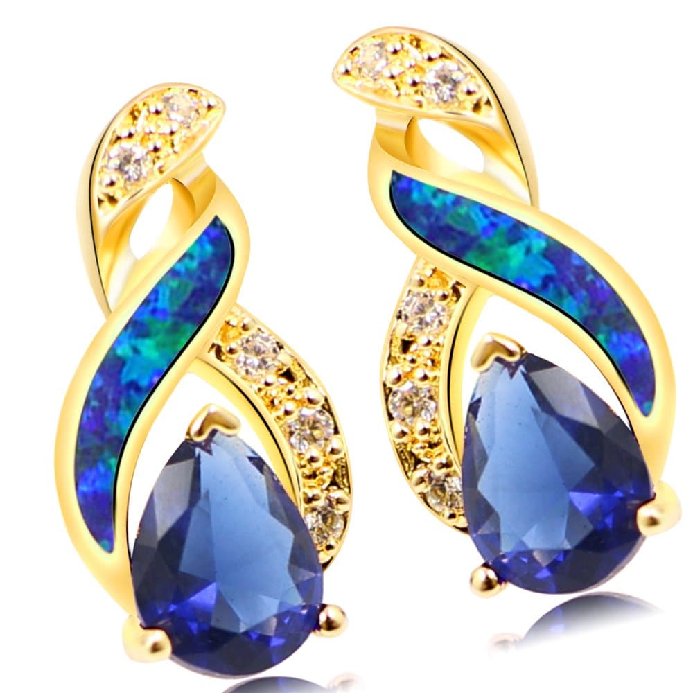 LYYSEN 14K Yellow Gold CZ Stud Earring Austrial Fire Opal 3 Prong Sapphire Topaz 6x8mm Silver Earrings … (Gold Plating-Blue Opal)