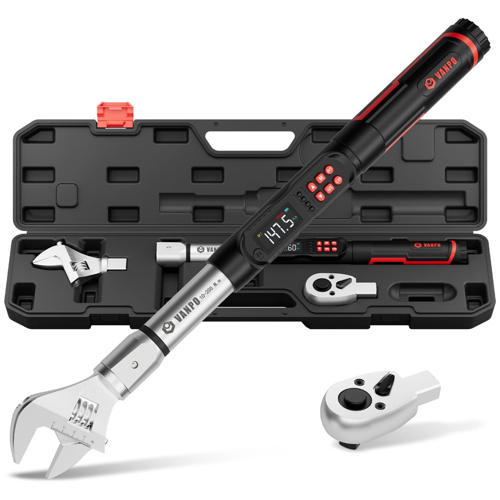VANPO Adjustable Digital Torque Wrench, 7.4-147.5Ft.lb/10-200Nm, ±2% Accuracy, HVAC Torque Wrench Interchangeable 38mm Jaw & 1/2" Ratchet, Buzzer, Vibration and LED Alert for Split AC, Car