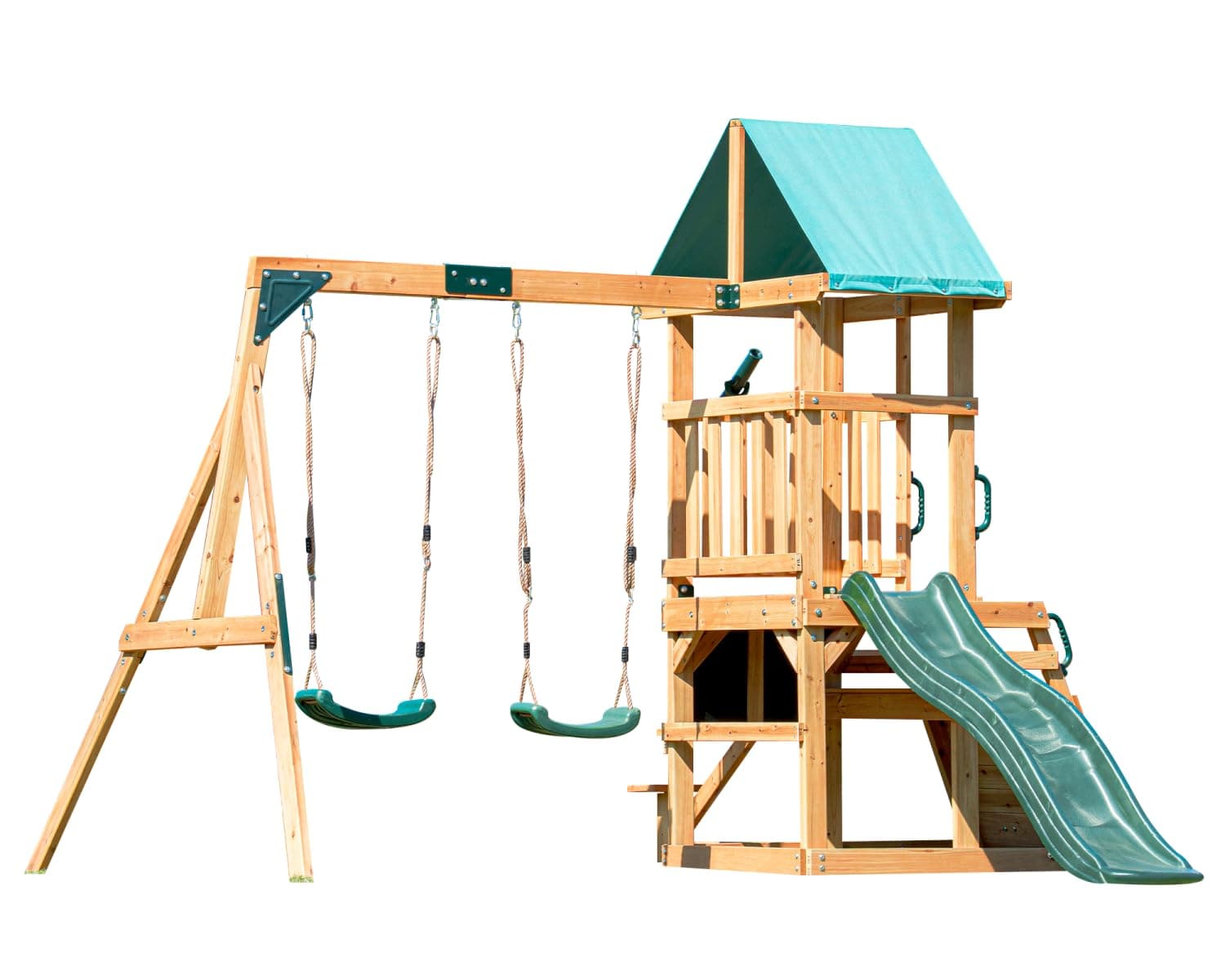 Swing Set for Backyard with 2 Swings, Slide, Climbing Wall, Chalkboard, Picnic Table & Telescope – Heavy-Duty Cedar Wood Outdoor Playset for Kids Aged 3+ Years