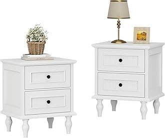 Scurrty Nightstand Set of 2, Antique Style End Table with 2 Drawers, Taller Nightstand for Bedroom, Side Table for Bedroom (White, Double)