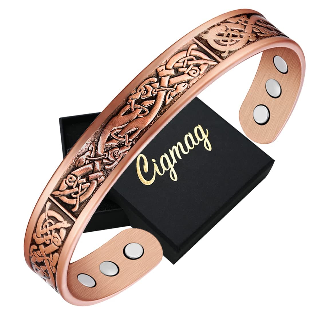 Copper Magnetic Bracelets for Men Ultra Strength Magnet Solid Pure Copper Cuff Bangles Adjustable with Present Box (Copper Viking Ireland Pattern)