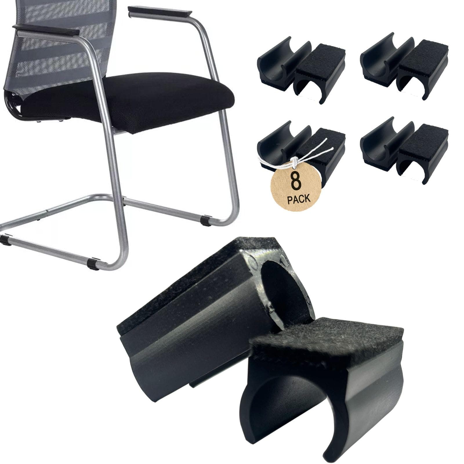 Rectangle U Shaped Chair Leg Tips Caps with Felt Pads,Furniture Feet Protector Slide Smoothly Glides No Scratches No Noise Protect Hardwood Floor,Fit 25mm(1inch) Diameter Tubular Leg (Black 8PCS)