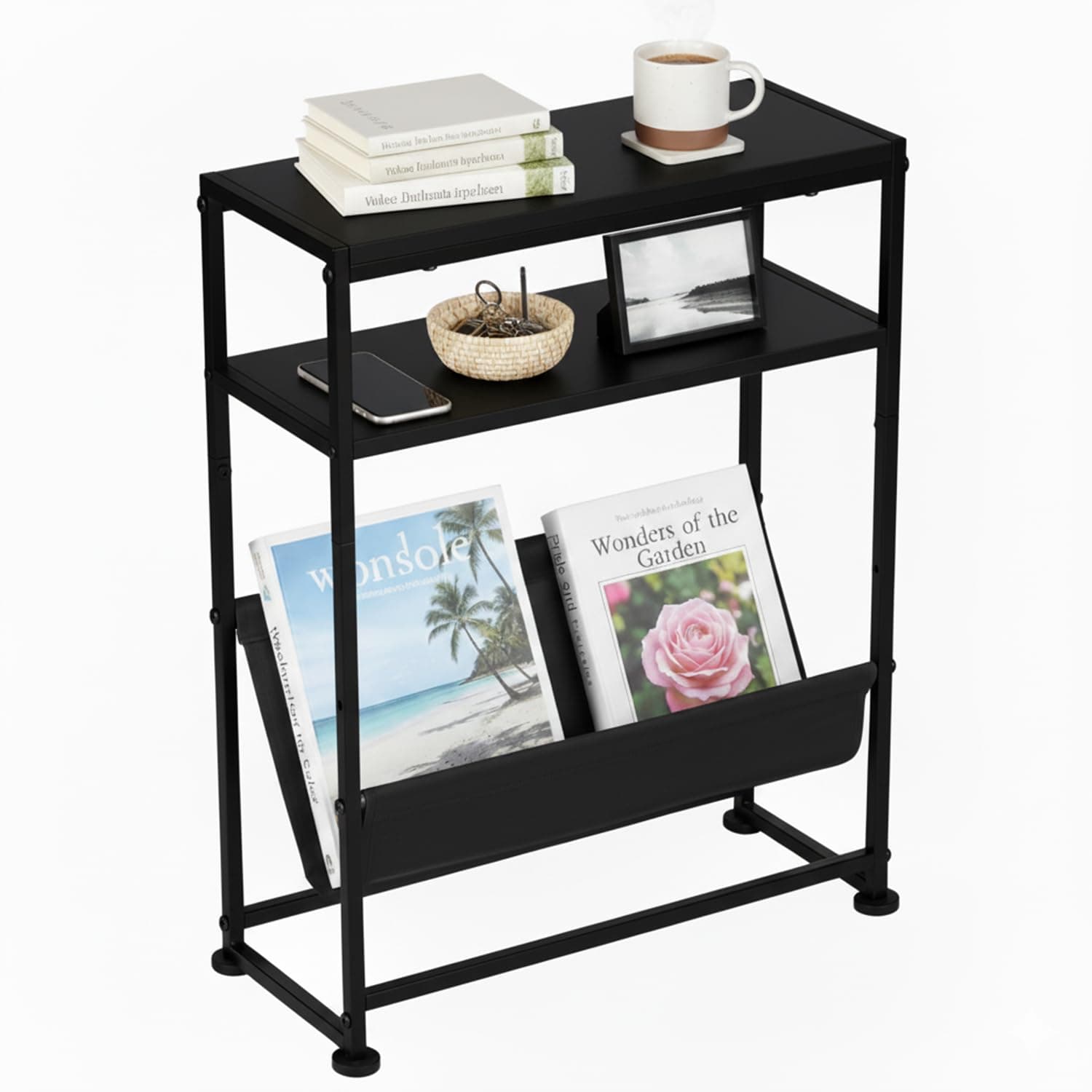 Small End Table for Small Spaces - Slim Side Table with Magazine Holder,2 in 1 Design Narrow End Table Living Room,Skinny Bedroom Nightstand Thin Side Magazine Table (Black)