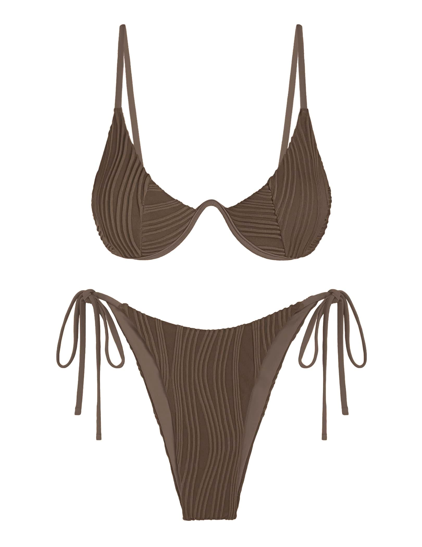 Women's Bikini Sets Ribbed Two Piece Swimsuits Underwire Adjustable Back Clasp Bathing Suit Side Tie Thong Swimwear