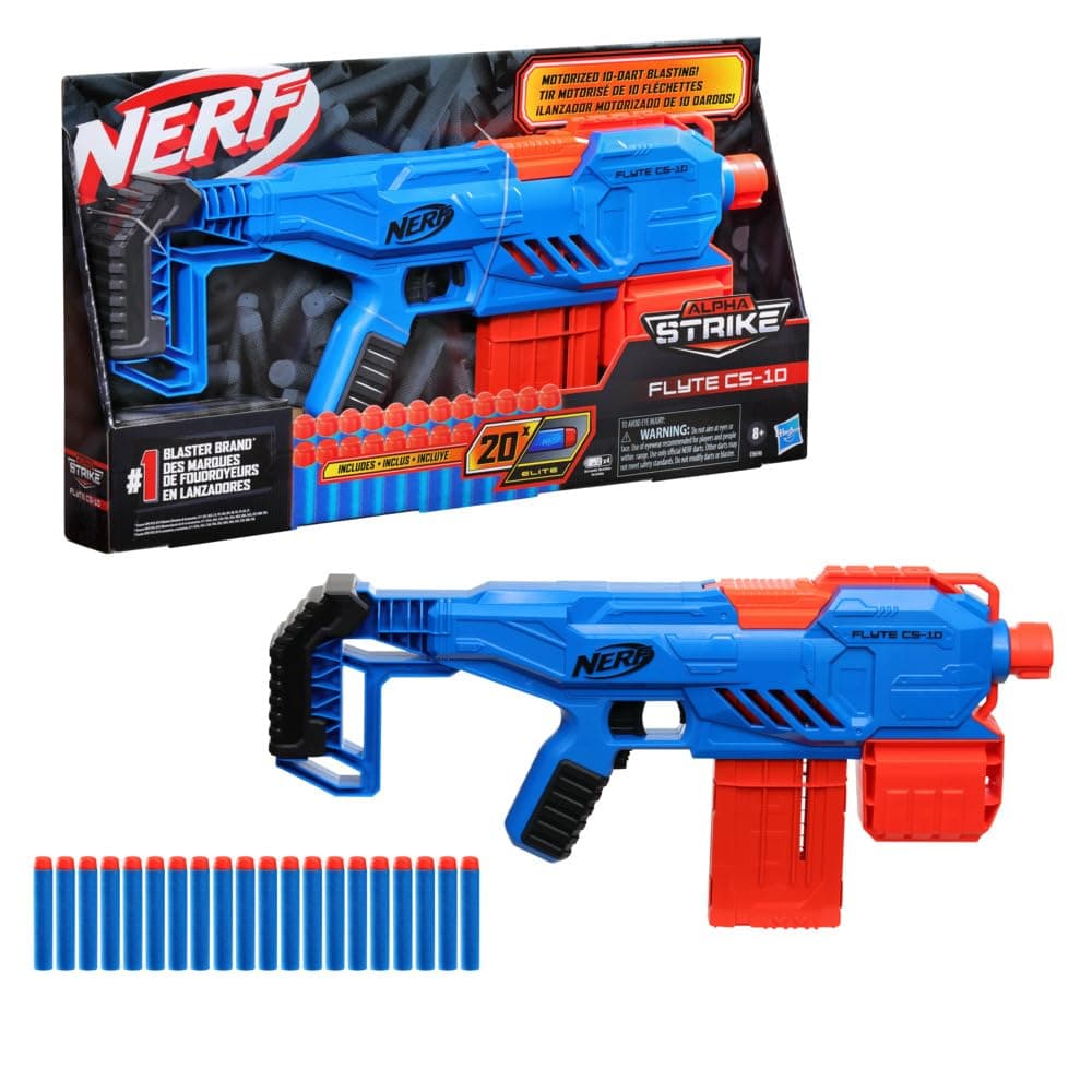 Alpha Strike Flyte Cs-10 Motorised Blaster 10-Dart Clip-Fed Blasting 20 Official Nerf Elite Darts Toys for Kids Teens, Adults, Toys for Boys & Girls,Multicolor
