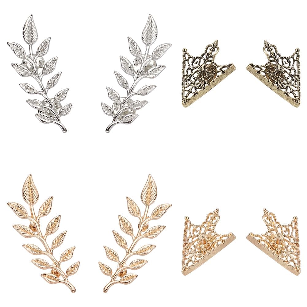 PH PandaHall 8pcs(4 Pairs) 4 Colors Triangle/Leaf Shape Alloy Brooches Hollow Pattern Shirt Collar Brooch Unisex, Antique Bronze/Golden/Silver/Rose Gold