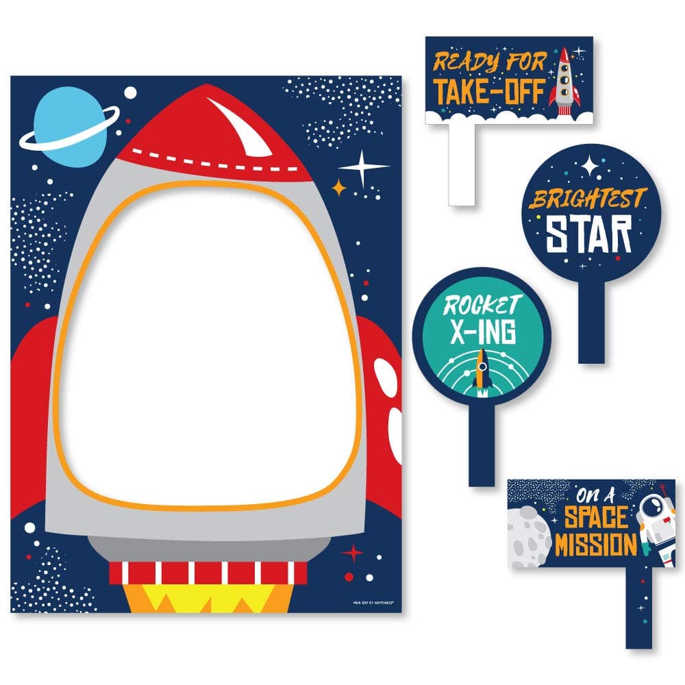 Big Dot of Happiness Blast Off to Outer Space - Rocket Ship Baby Shower or Birthday Party Selfie Photo Booth Picture Frame and Props - Printed on Sturdy Material