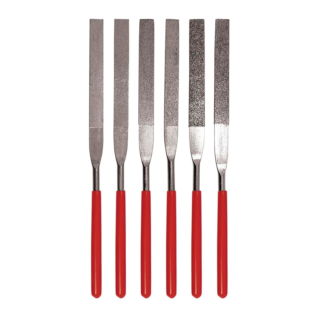 74330DF 6-Piece Flat Diamond Grit File Set - Multi-Grit for Metals, Glass, Stones - 7" Length, 2" Diamond Surface, Round Handles - Includes PVC Pouch