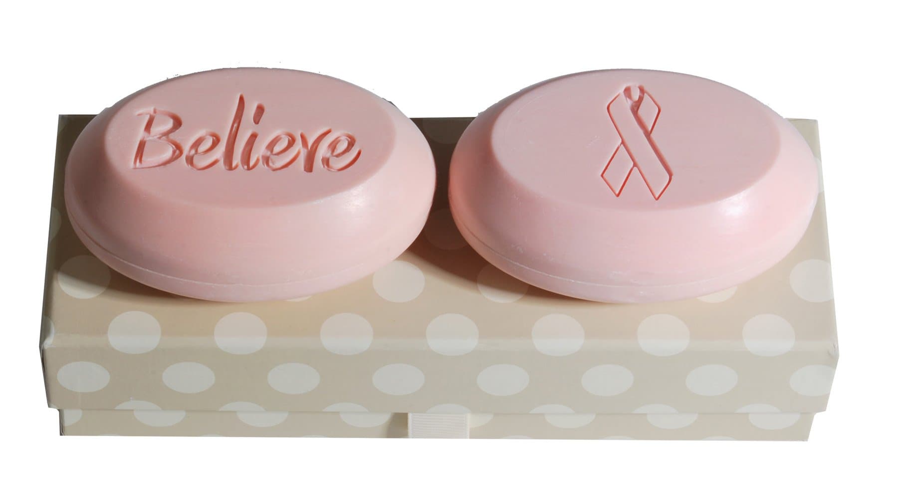 Personalized Signature Scented Soap Duo Bar Box Gift Set Personalized with"Believe" and Breast Cancer Ribbon Graphic - Scent: Pomegranate - New Hope Soap