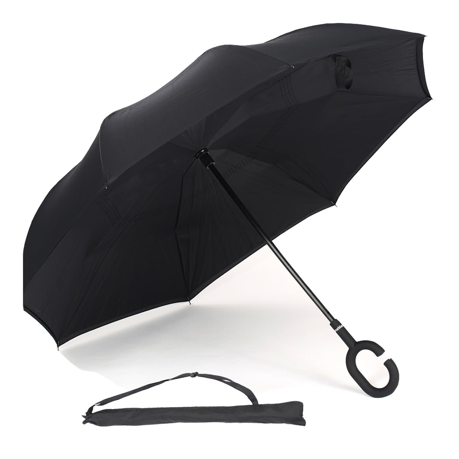 UnaMela Inverted Umbrella, Double Layer Windproof Stand-self Big Straight Reverse Folding Umbrella with C Shape Handle Carrying Bag for Outdoor and Car Use(Navy Blue)