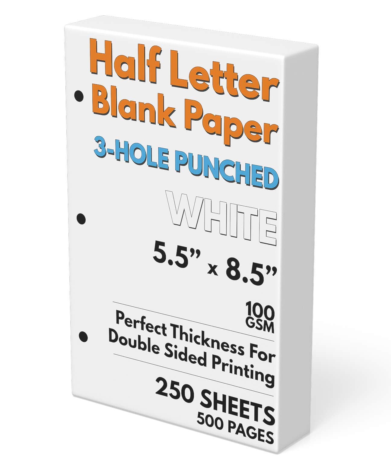 Half Letter Blank Paper, 3-Hole Punched, 250 Sheets/500 Pages, 100 GSM, Printer Paper Binder Refill, 5.5 in. x 8.5 in.