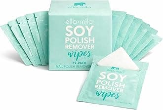 Soy Nail Polish Remover Wipes - Non-Acetone, Non-Toxic Fingernail Polish Remover Pads - Travel Size, Individually Wrapped, Lint Free - Enriched with Vitamins (12 Pack)