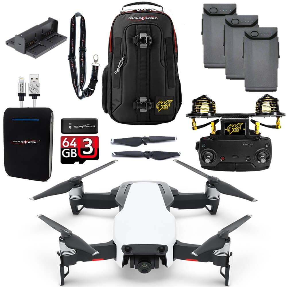 DJI Mavic Air Arctic White MaXX Mod Long Range Kit w/Backpack, Remote, 3 Batteries, 64GB MicroSD, Battery Bank, Landing Pad