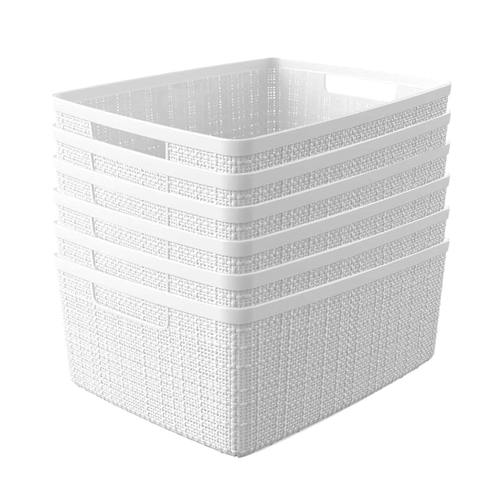 Curver Set of 6 Jute Medium Decorative Plastic Organization and Storage Baskets, Perfect Bins for Home Office, Closet Shelves, Kitchen Pantry and All Bedroom Essentials, White
