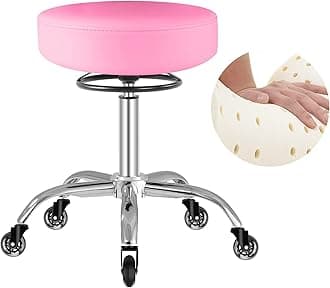 Mineloff Rolling Stool with Wheels 400lbs Weight Capacity,Heavy Duty Lash Chair Adjustable for Tatoo Lab Massage Salon Spa Drafting Nail Teach,360 Swivel,Leather,Thick Seat Padding (Pink)