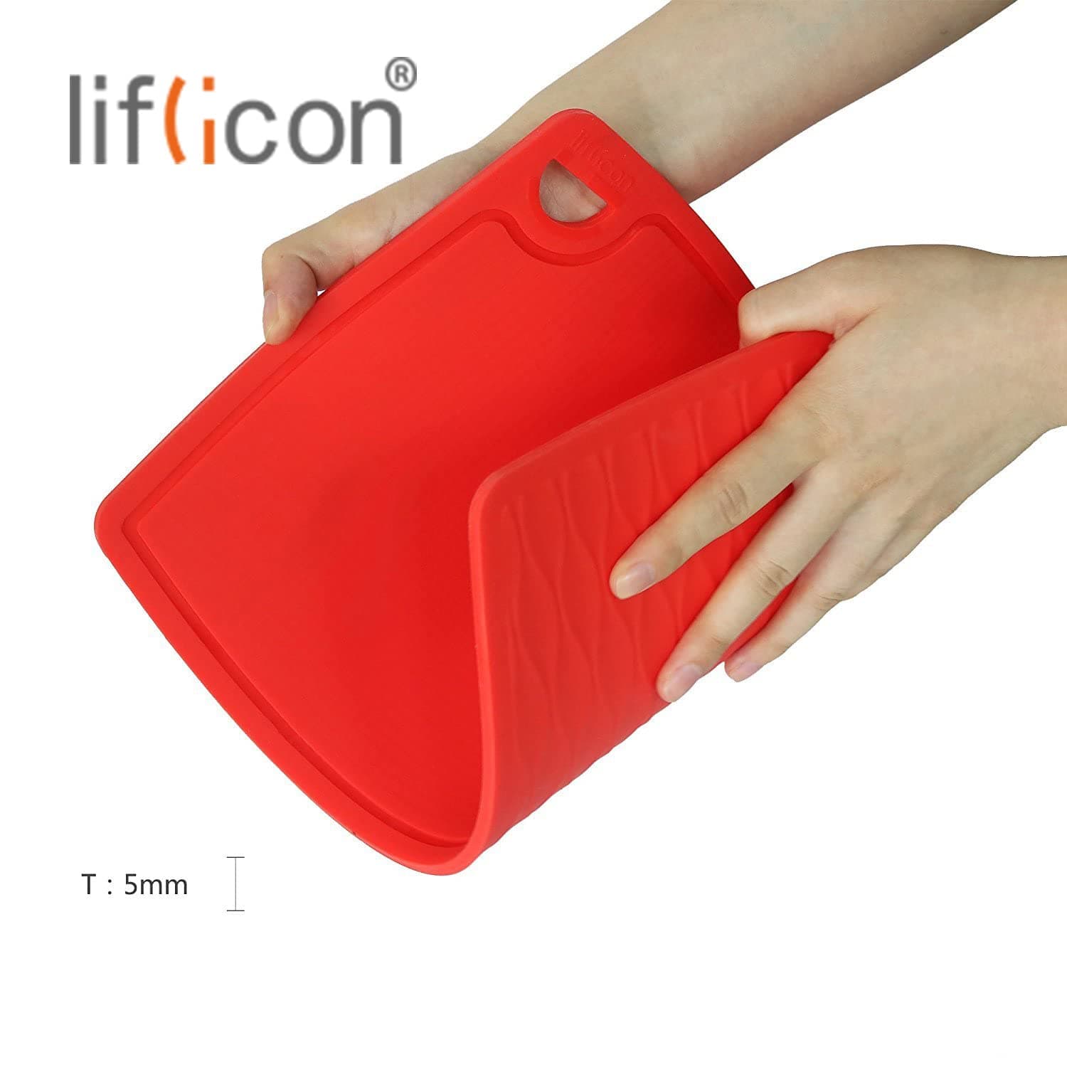 Liflicon Thick Cutting Boards for Kitchen Silicone Chopping Board Set of 2 Mid 12.6'' x 9.1”,Mini 9.1”x7.1” Non-slip Deep Drip Juice Groove Easy Grip Handle,Dishwasher Safe-Red