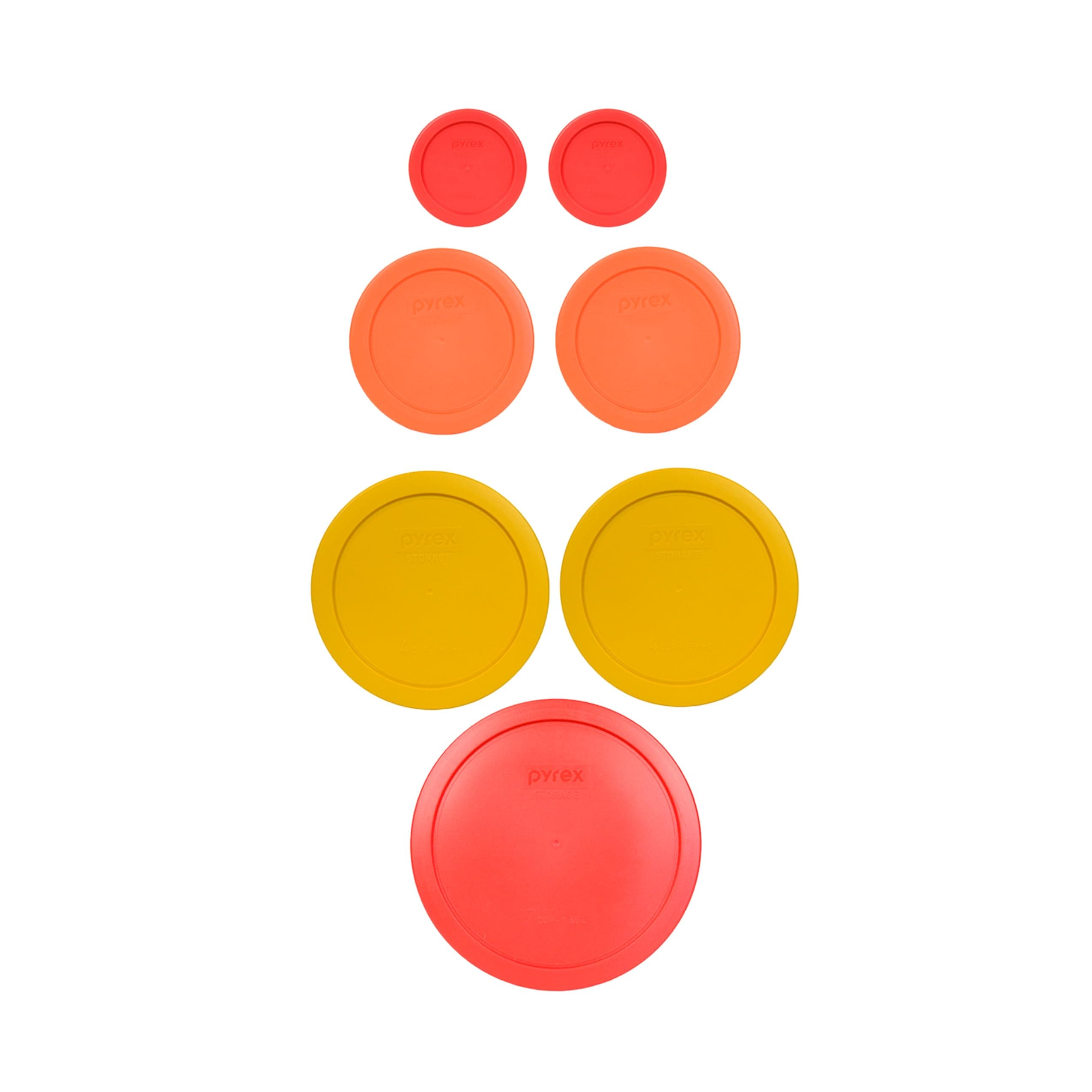 Pyrex (1) 7402-PC 6/7 Cup Red (2) 7201-PC 4 Cup Cobalt Blue (2) 7200-PC 2 Cup Orange (2) 7202-PC 1 Cup Green Food Storage Lids - 7 Pack