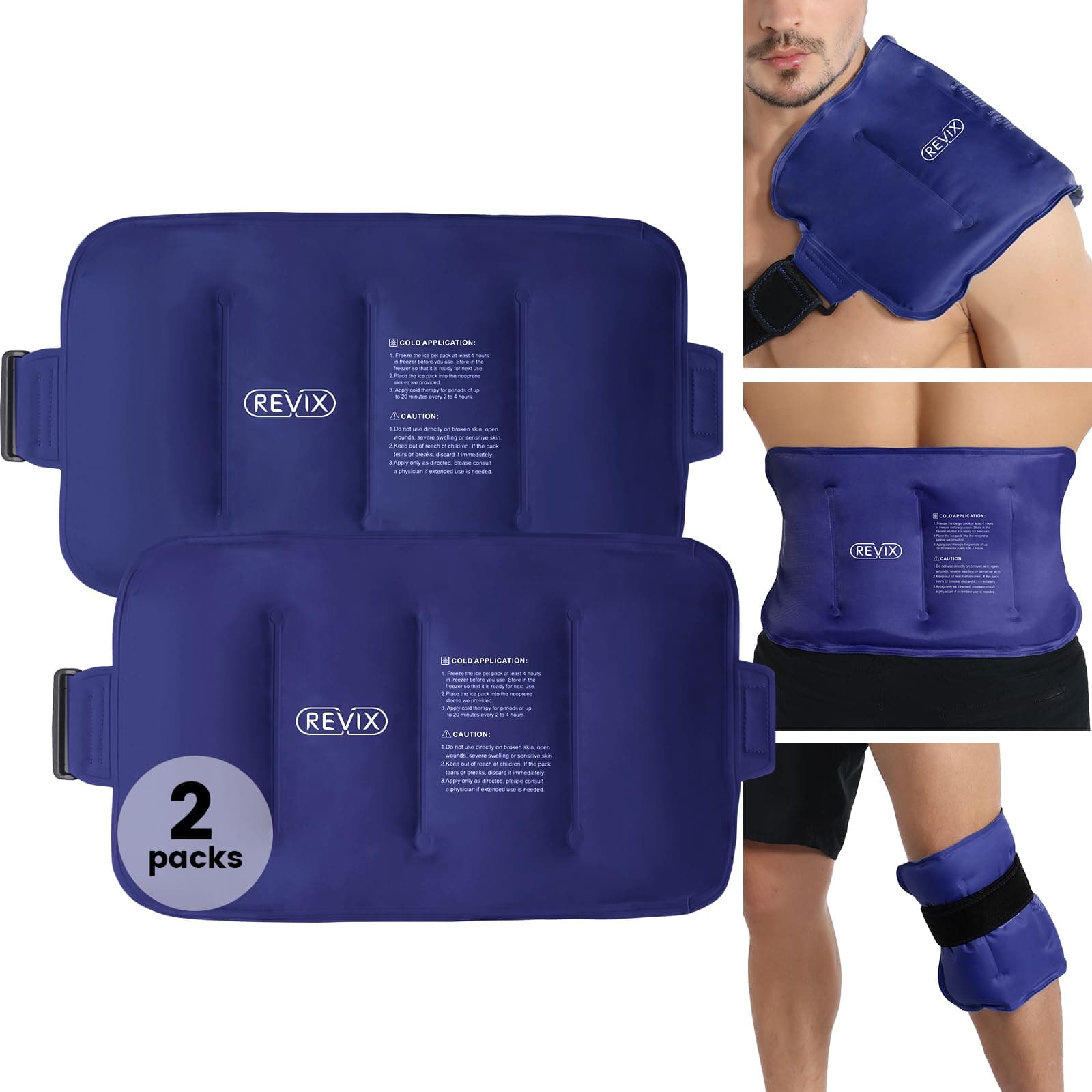 REVIX Reusable Ice Pack for Back Relief, Soft Plush Lining Gel Cold Packs for Lower Back, Shin, Knee, Hip, Arm, Flexible Cold Compress, 16 × 9 ", 2 Packs